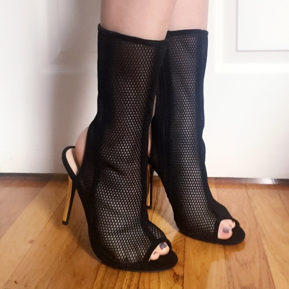 Fishnet Peep-toe Cut-Out Metallic Heel Booties